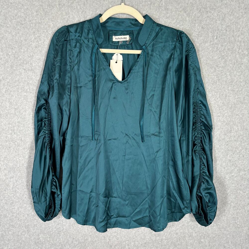 NEW Paparazzi Satin Peasant Blouse Medium Teal Ruched Sleeve Popover Feminine